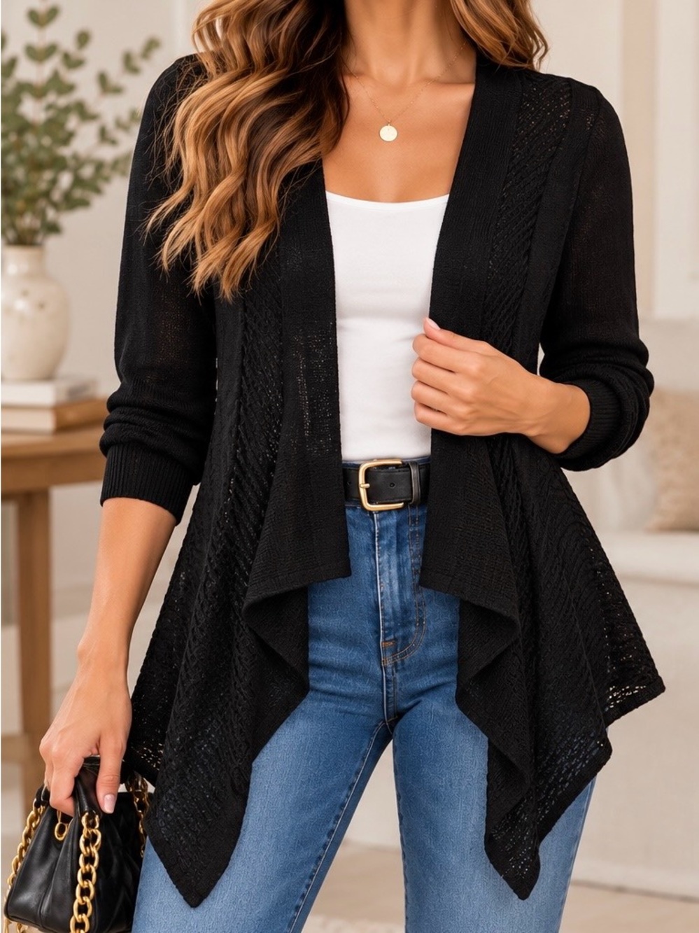 Lane BRYANT Black Lightweight Open-Front Asymmetrical Cardigan